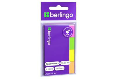 Закладки самоклеящиеся Berlingo Ultra Sticky 20x50 мм, 200 шт, 4 цв (LSz_41002) - фото товара 1 из 2